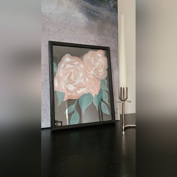 Floral Art Hand Painted On Canvas Paper in Black Frame - Picture 1 of 2